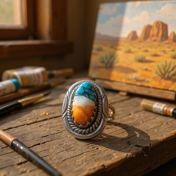 Sterling Silver Spiny Oyster & Turquoise Ring (Size 8) - Picture 1 of 9